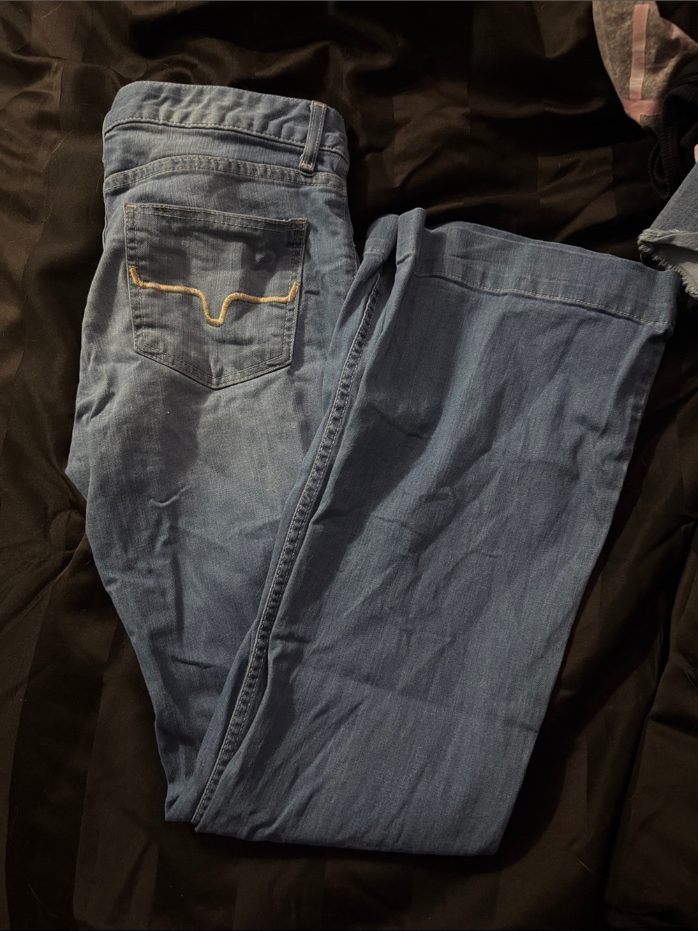 Kimes Ranch Medium Blue Wide Leg Denim Jeans with Embroidered Back Pocket